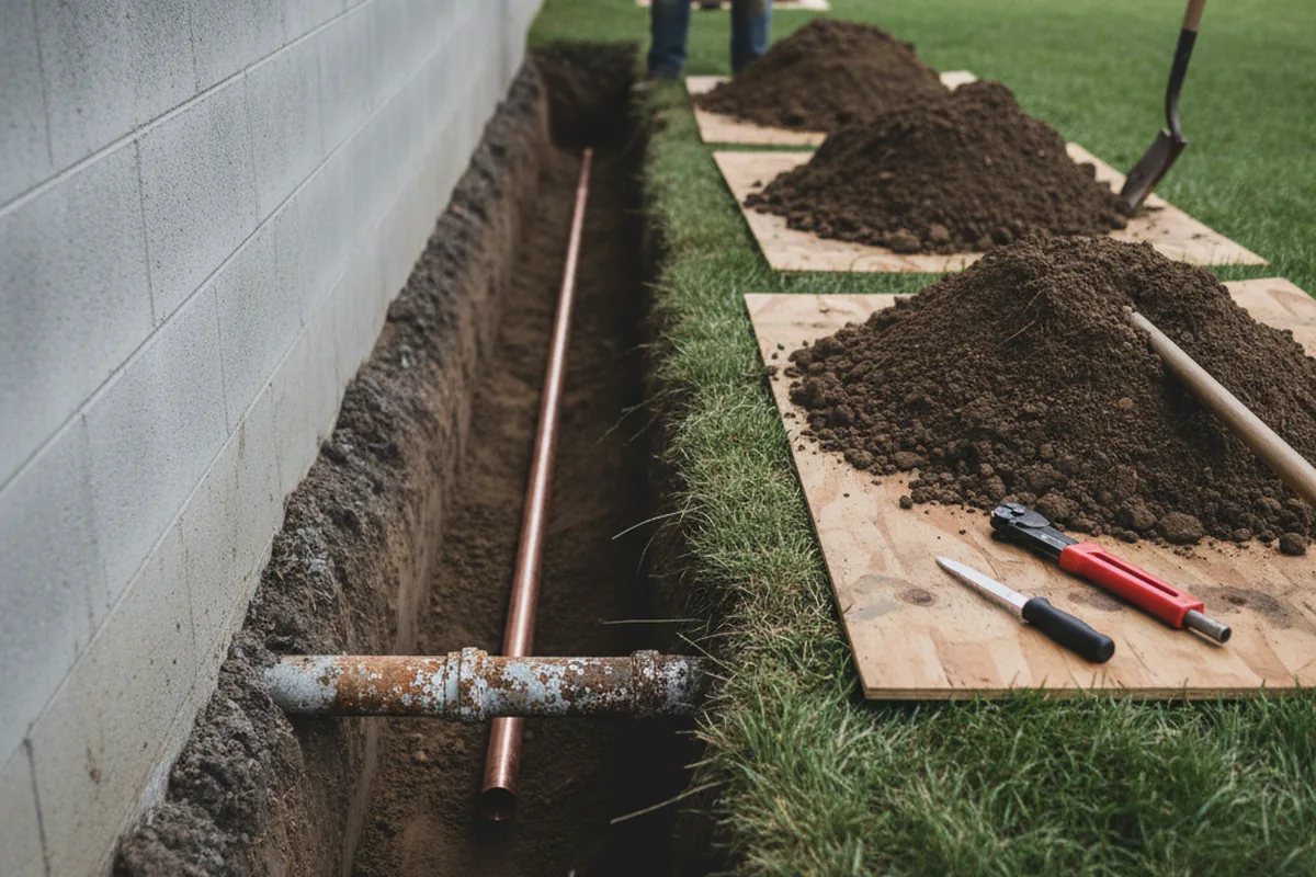 Excavated water line trench during Water Heater Repair in Shawnee
